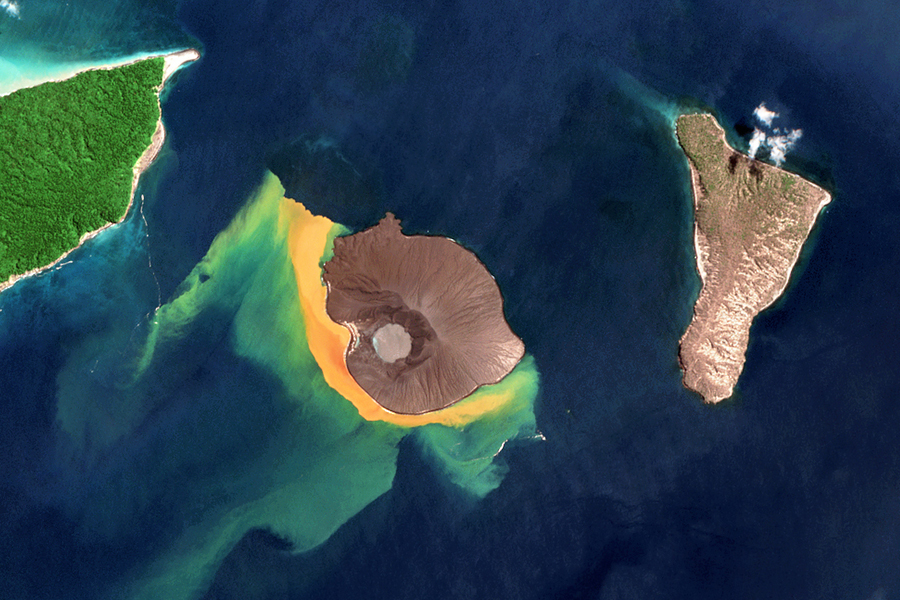 Aerial photograph of the Anak Krakatau volcano in Indonesia after the erruption.