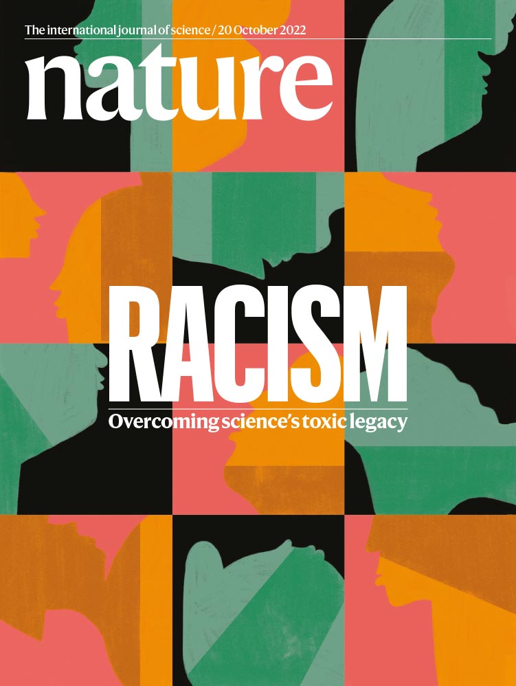 The cover of Nature magazine featuring the headline “Racism, Overcoming science’s toxic legacy” with a stylised illustration showing silhouettes of faces on light and dark coloured squares.