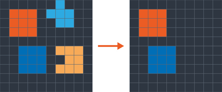 Two abstract shapes, one orange, one blue and two squares, one red, one dark blue. The squares remain.