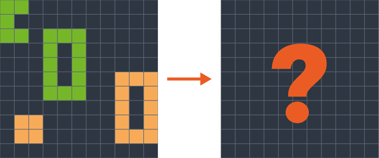 Two hollow rectangle shapes, one green one orange, one green abstract shape and one orange square.