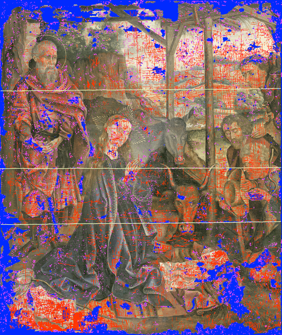 A computer generated map of the damaged areas of the painting. Damage is highlighted in bright blue, red and white.