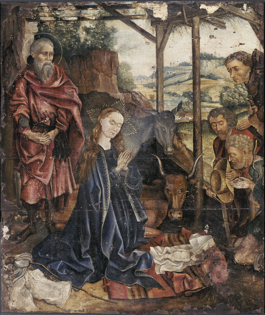Oil painting depicting a woman in blue, kneeling and praying before the baby Jesus in a partially covered stable. Four men and animals look on. The painting shows signs of damage and some sections of paint are missing.