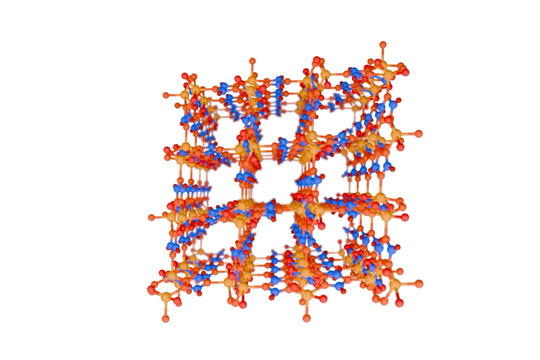Stylised 3D view of a CALF-20 molecule showing circles and tubes, representing Zinc, Nitrogen, Carbon and Hydrogen, arranged in a tight geometric pattern.