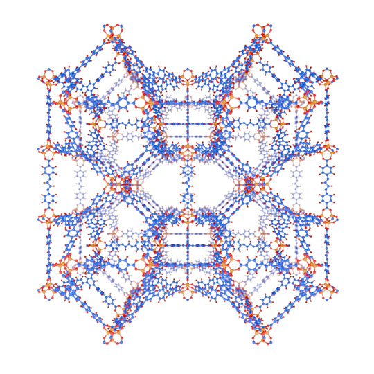 Stylised 3D view of a DUT-60 molecule showing circles and tubes, representing Zinc, Nitrogen, Carbon, Oxygen and Hydrogen, arranged in a tight geometric pattern.